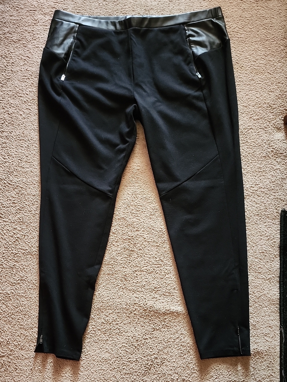 Black Women's Moto Style Ankle Pants with Faux-Leather Trim And Zippered Ankles
